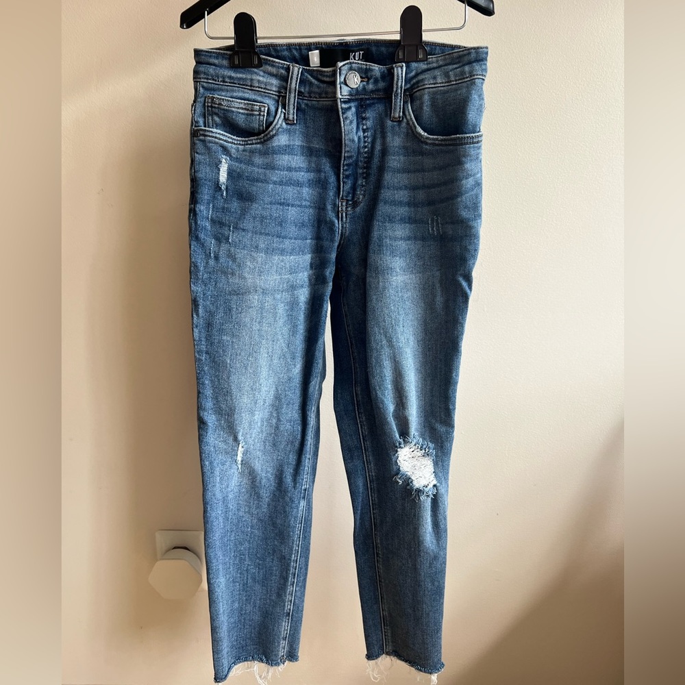 KUT distressed blue “Fab Ab Mom Jean”